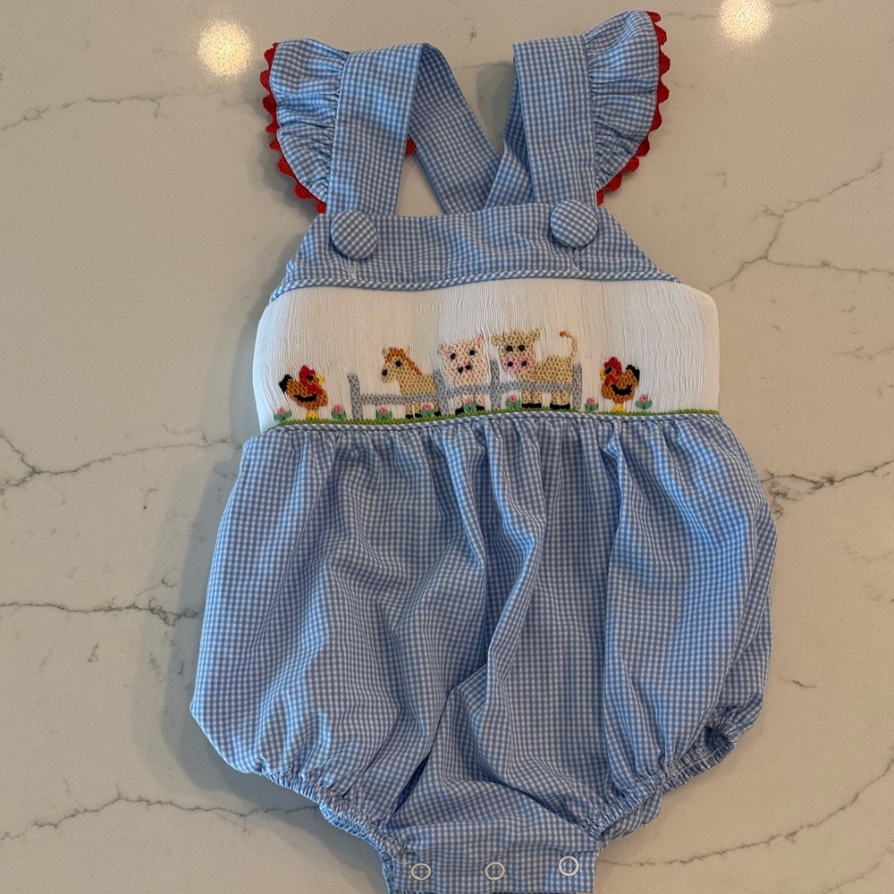Charming Blue Gingham Kids Romper with Farm Animal Design